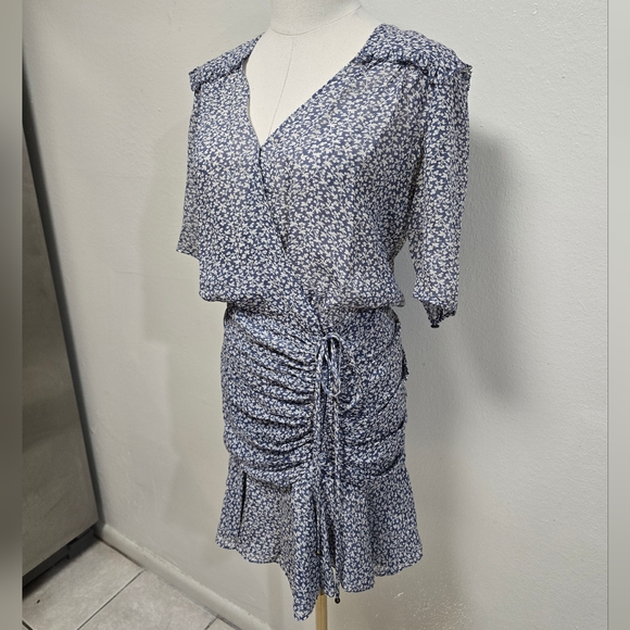 Veronica Beard Dakota Silk Blue Floral Ruched Mini Dress Size 0 - Picture 3 of 8
